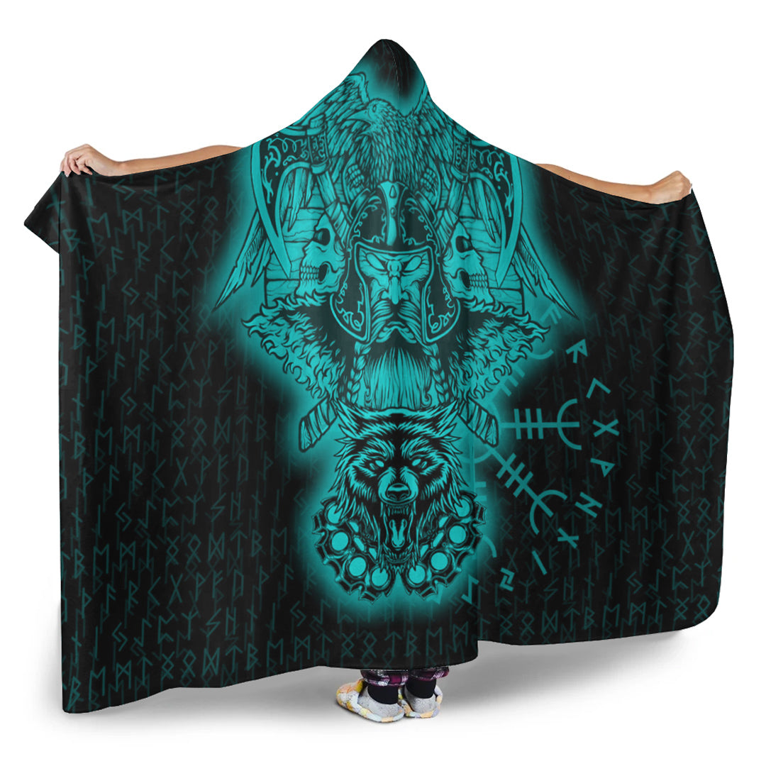 Viking Hooded Blanket, Odin And Raven Wolf Turquoise Viking Homeset Hooded Blanket