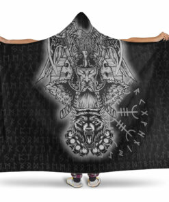 Viking Hooded Blanket, Odin And Raven Wolf Viking Homeset Hooded Blanket