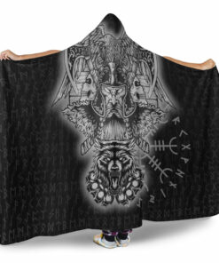 Viking Hooded Blanket, Odin And Raven Wolf Viking Homeset Hooded Blanket