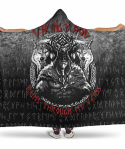 Viking Hooded Blanket, Odin Gerind Freki Wolfs Viking Blood Runs Through My Veins Hooded Blanket