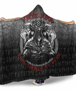 Viking Hooded Blanket, Odin Gerind Freki Wolfs Viking Blood Runs Through My Veins Hooded Blanket