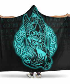 Viking Hooded Blanket, Odin Raven Viking Set Turquoise Hooded Blanket