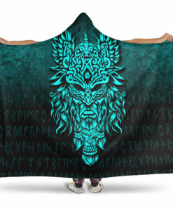 Viking Hooded Blanket, Odin Thellfathersgard Godnd Chief Ofesir, Cyan Version Hooded Blanket