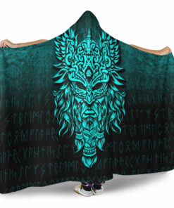 Viking Hooded Blanket, Odin Thellfathersgard Godnd Chief Ofesir, Cyan Version Hooded Blanket