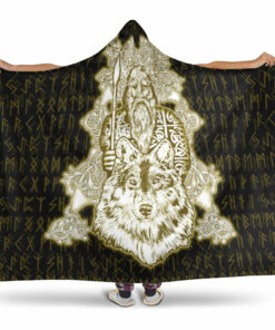 Viking Hooded Blanket, Odin Wolf Viking Set Gold Hooded Blanket