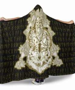 Viking Hooded Blanket, Odin Wolf Viking Set Gold Hooded Blanket