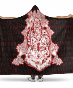 Viking Hooded Blanket, Odin Wolf Viking Set Red Hooded Blanket