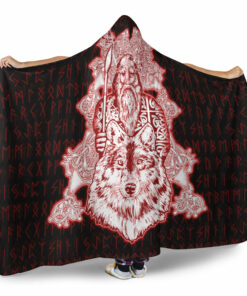 Viking Hooded Blanket, Odin Wolf Viking Set Red Hooded Blanket