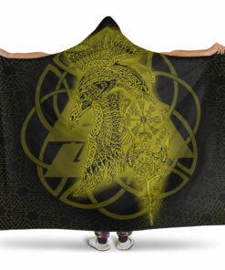 Viking Hooded Blanket, Raven Valknut Gold Viking Homeset Hooded Blanket