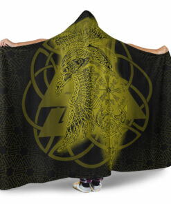 Viking Hooded Blanket, Raven Valknut Gold Viking Homeset Hooded Blanket