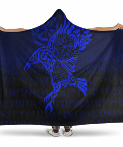 Viking Hooded Blanket, Raven Vegvisir Tattoo Blue Version Hooded Blanket