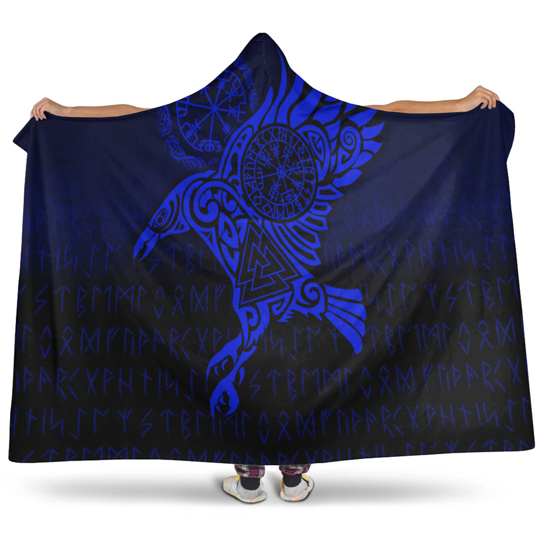 Viking Hooded Blanket, Raven Vegvisir Tattoo Blue Version Hooded Blanket