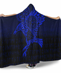 Viking Hooded Blanket, Raven Vegvisir Tattoo Blue Version Hooded Blanket