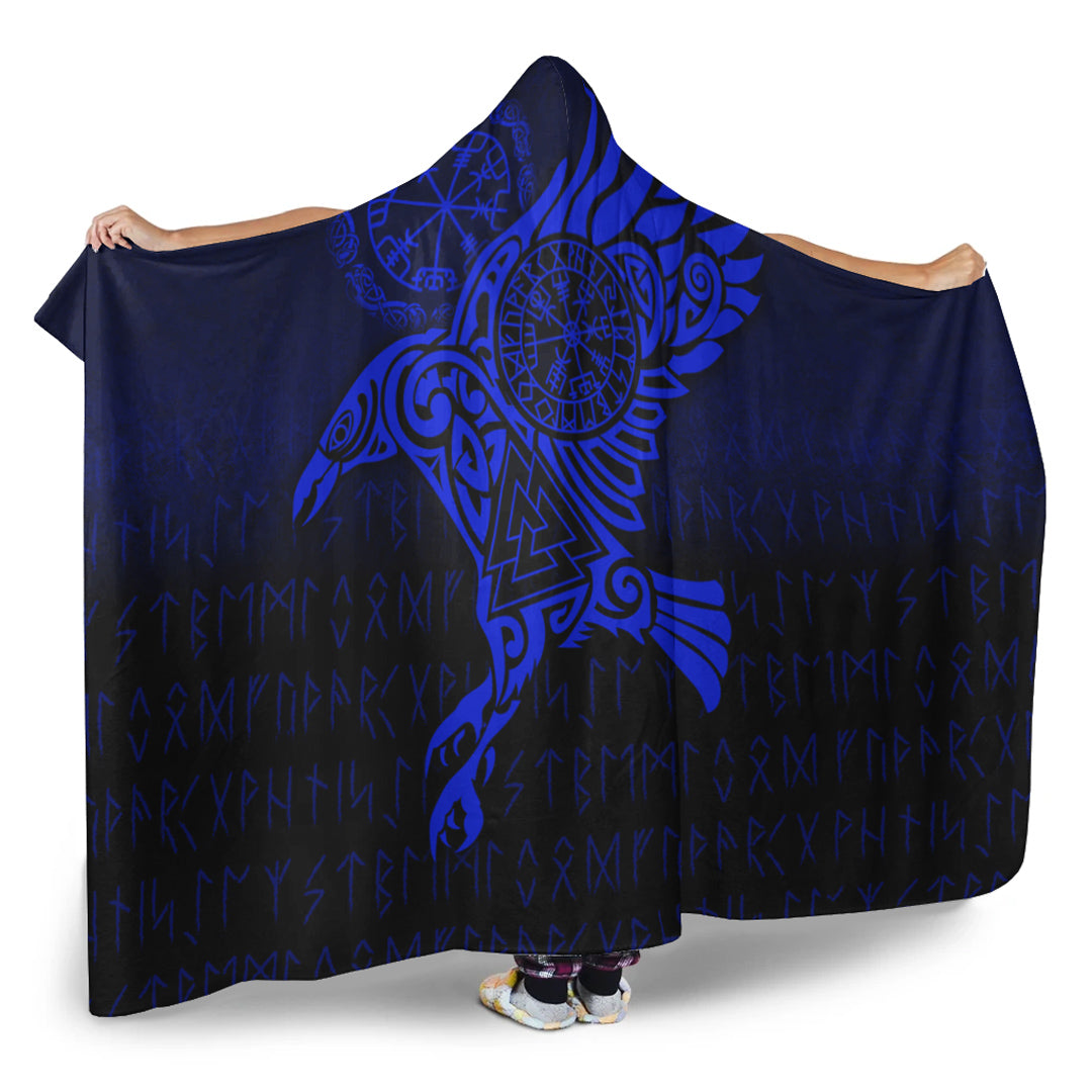 Viking Hooded Blanket, Raven Vegvisir Tattoo Blue Version Hooded Blanket