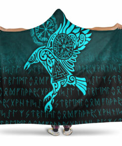 Viking Hooded Blanket, Raven Vegvisir Tattoo Cyan Version Hooded Blanket