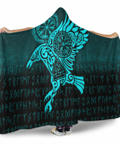 Viking Hooded Blanket, Raven Vegvisir Tattoo Cyan Version Hooded Blanket