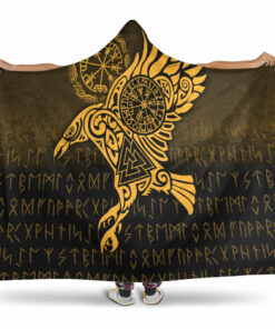 Viking Hooded Blanket, Raven Vegvisir Tattoo Gold Version Hooded Blanket