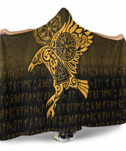 Viking Hooded Blanket, Raven Vegvisir Tattoo Gold Version Hooded Blanket