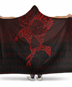 Viking Hooded Blanket, Raven Vegvisir Tattoo Red Version Hooded Blanket