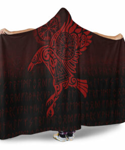 Viking Hooded Blanket, Raven Vegvisir Tattoo Red Version Hooded Blanket