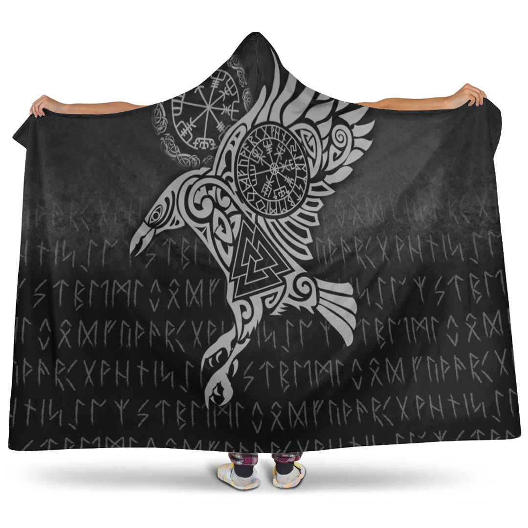 Viking Hooded Blanket, Raven Vegvisir Tattoo Special Version Hooded Blanket