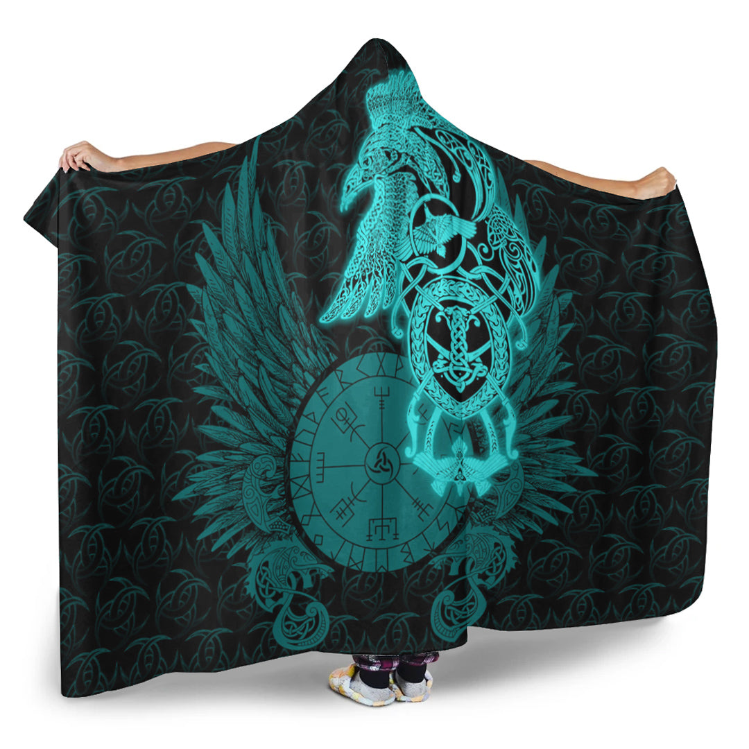 Viking Hooded Blanket, Raven Ving Turquoise Hooded Blanket