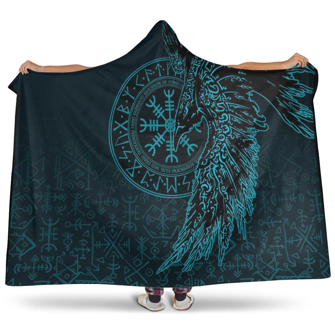 Viking Hooded Blanket, Raven and Helm ofwe Cyan Hooded Blanket