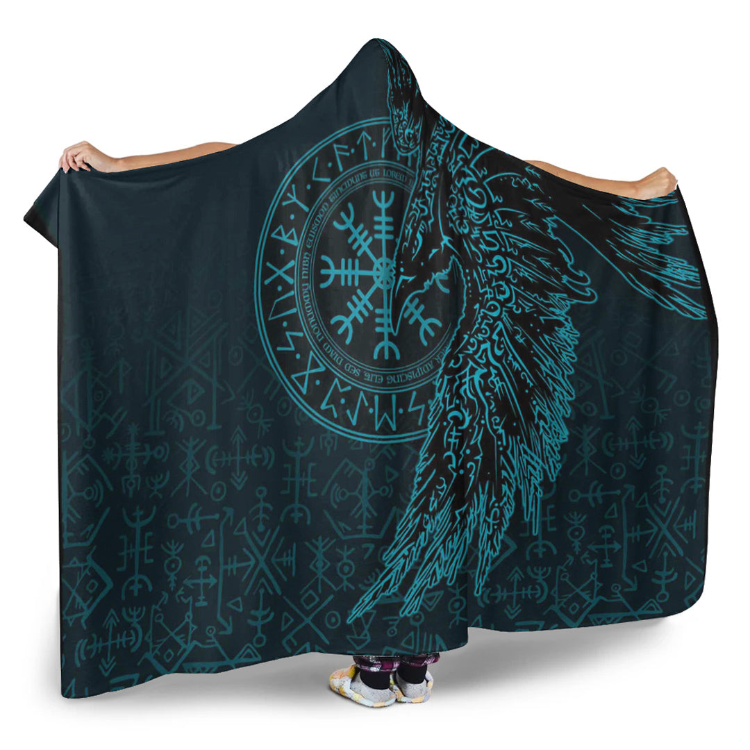 Viking Hooded Blanket, Raven and Helm ofwe Cyan Hooded Blanket