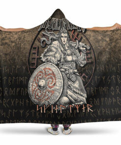 Viking Hooded Blanket, Skjaldmaer Shieldmaiden Norse Younger Futhark Runes Female Viking Warrior Vegvisir Hooded Blanket