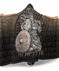 Viking Hooded Blanket, Skjaldmaer Shieldmaiden Norse Younger Futhark Runes Female Viking Warrior Vegvisir Hooded Blanket