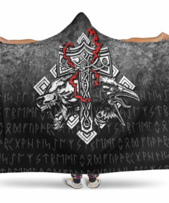 Viking Hooded Blanket, Thor Hammer Mjolnir Rune Protection Odin Raven Viking Hooded Blanket
