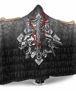 Viking Hooded Blanket, Thor Hammer Mjolnir Rune Protection Odin Raven Viking Hooded Blanket