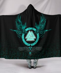 Viking Hooded Blanket Three Raven and Valknut Cyan