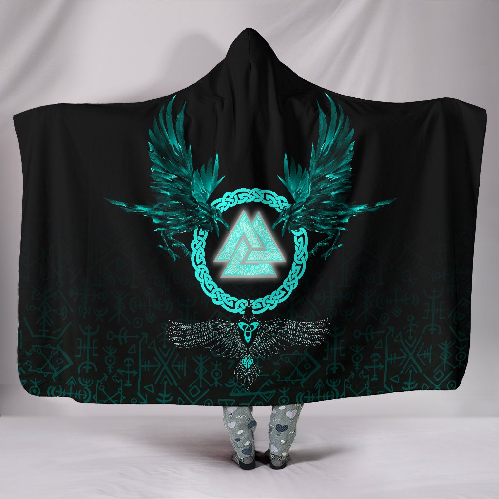 Viking Hooded Blanket Three Raven and Valknut Cyan