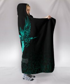 Viking Hooded Blanket Three Raven and Valknut Cyan