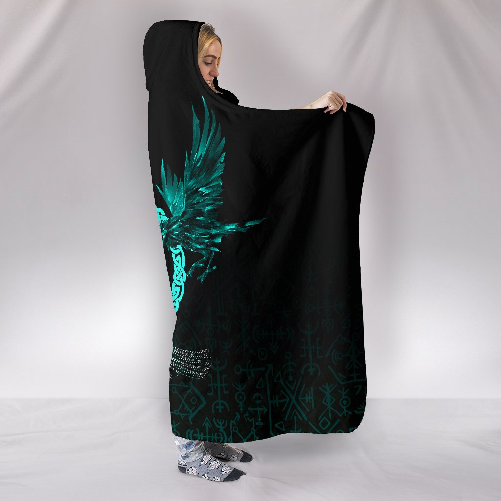 Viking Hooded Blanket Three Raven and Valknut Cyan