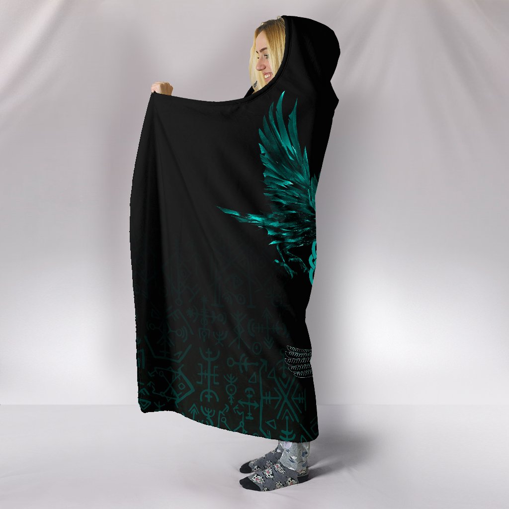 Viking Hooded Blanket Three Raven and Valknut Cyan