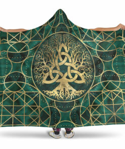 Viking Hooded Blanket, Tree of Life with Triquetra Malachite and Gold Hooded Blanket