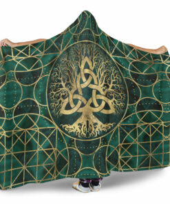 Viking Hooded Blanket, Tree of Life with Triquetra Malachite and Gold Hooded Blanket