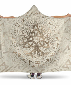 Viking Hooded Blanket, Tree of Life with Triquetra and Futhark Pastel Gold Hooded Blanket
