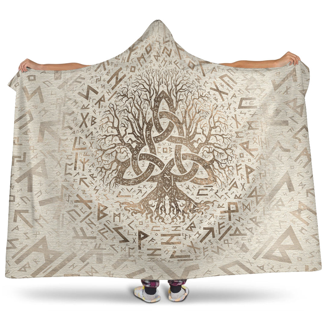Viking Hooded Blanket, Tree of Life with Triquetra and Futhark Pastel Gold Hooded Blanket