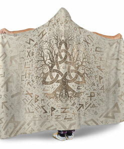 Viking Hooded Blanket, Tree of Life with Triquetra and Futhark Pastel Gold Hooded Blanket