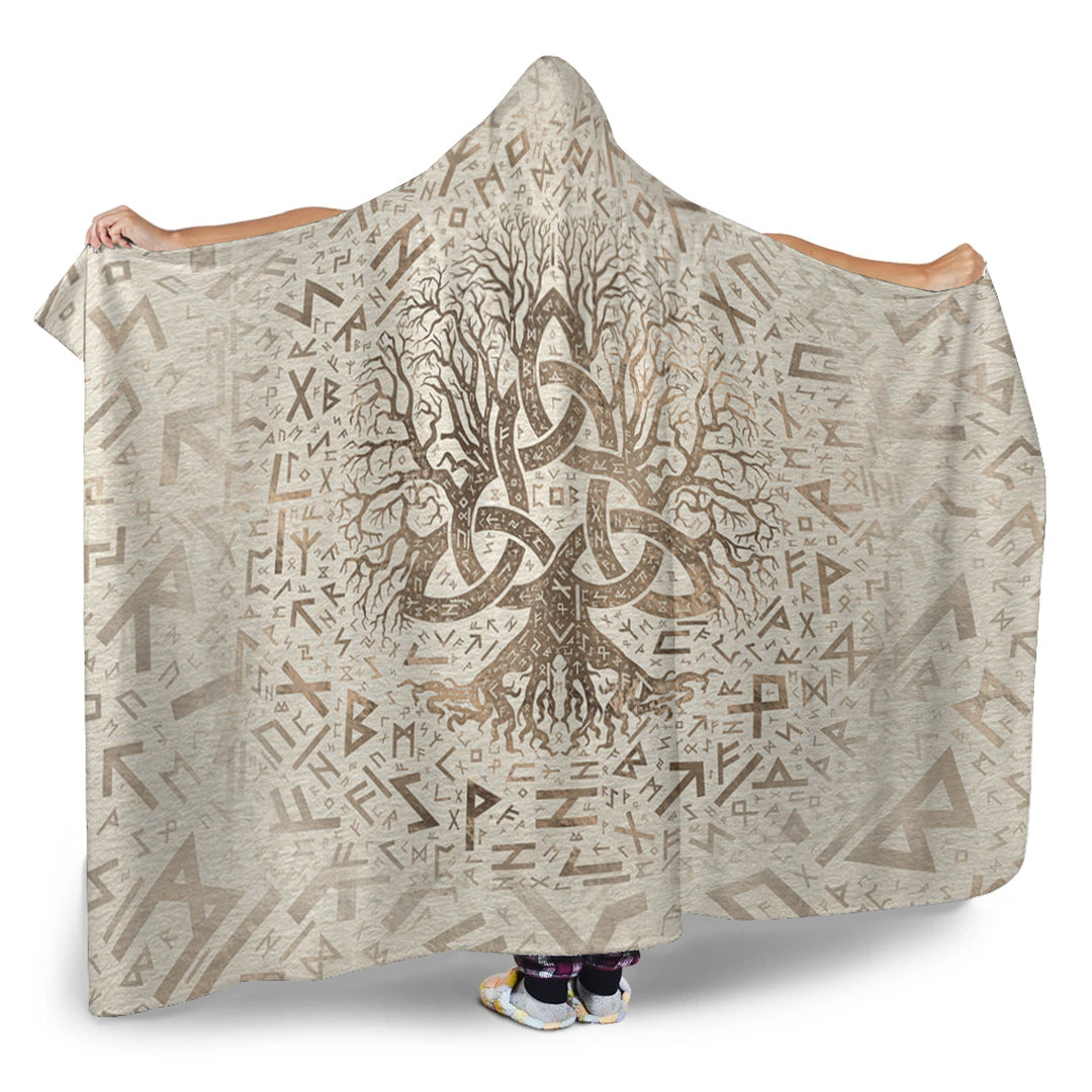 Viking Hooded Blanket, Tree of Life with Triquetra and Futhark Pastel Gold Hooded Blanket