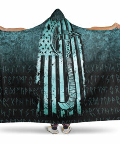 Viking Hooded Blanket, USA Flag Viking Coolmerican Norsemen, Cyan Version Hooded Blanket