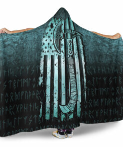 Viking Hooded Blanket, USA Flag Viking Coolmerican Norsemen, Cyan Version Hooded Blanket