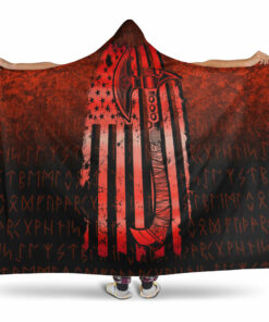 Viking Hooded Blanket, USA Flag Viking Coolmerican Norsemen, Red Version Hooded Blanket