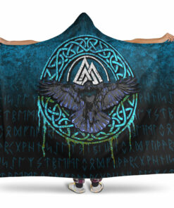Viking Hooded Blanket, Valhalla Norse Mythology Raven Black Crow Viking, Cyan Version Hooded Blanket