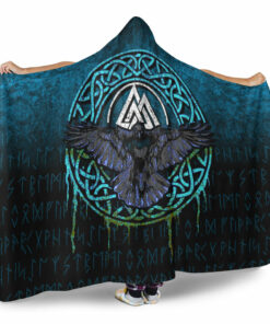 Viking Hooded Blanket, Valhalla Norse Mythology Raven Black Crow Viking, Cyan Version Hooded Blanket