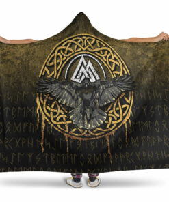Viking Hooded Blanket, Valhalla Norse Mythology Raven Black Crow Viking Hooded Blanket