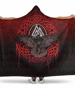 Viking Hooded Blanket, Valhalla Norse Mythology Raven Black Crow Viking, Red Version Hooded Blanket